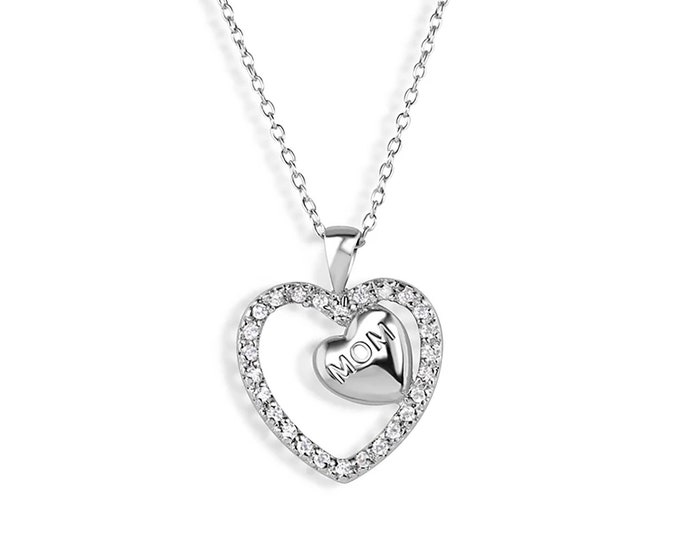 925 Sterling Silver Double Heart with Engraved "Mom" and CZ Pendant Necklace