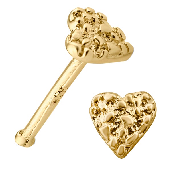 14k Solid Yellow Gold Nose Bone, Rough Nugget Heart Design, 22g Thickness, Handcrafted Jewelry, Gift for Her