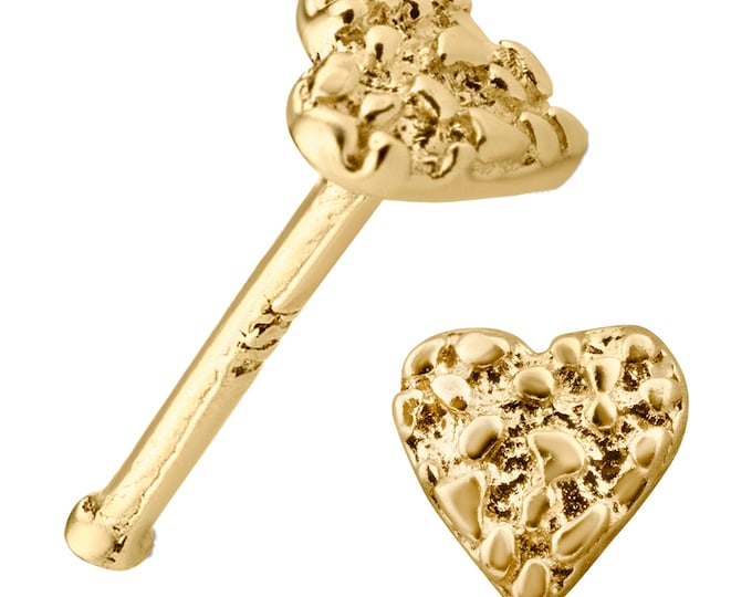 14k Solid Yellow Gold Nose Bone, Rough Nugget Heart Design, 22g Thickness, Handcrafted Jewelry, Gift for Her
