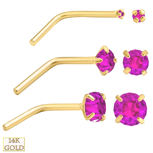 14k Yellow Gold Nose Ring with Pink Sapphire, L-Shaped Nose Stud, Prong Set Nose Jewelry, Women's Nose Piercing