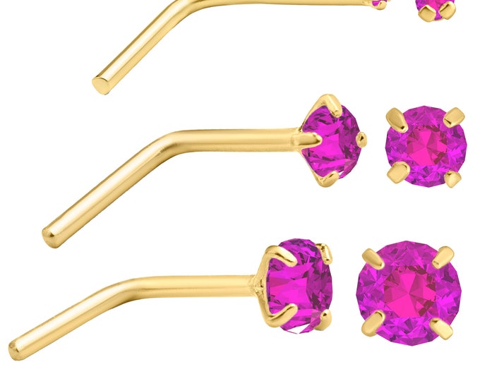 14k Yellow Gold Nose Ring with Pink Sapphire, L-Shaped Nose Stud, Prong Set Nose Jewelry, Women's Nose Piercing