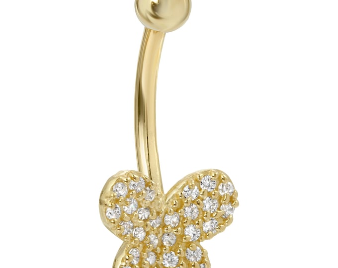 14k Solid Gold Banana Belly Ring with Butterfly Design