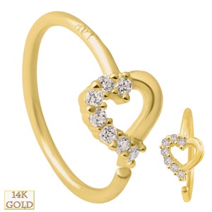 14k Solid Gold Hollow Heart with Multi CZ Half Around Hoop | Lip Piercing | Helix Hoop | Cartilage | Conch Hoop | Body Jewelry | Earring