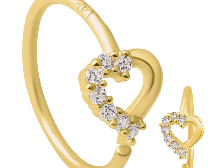 14k Solid Gold Hollow Heart with Multi CZ Half Around Hoop | Lip Piercing | Helix Hoop | Cartilage | Conch Hoop | Body Jewelry | Earring