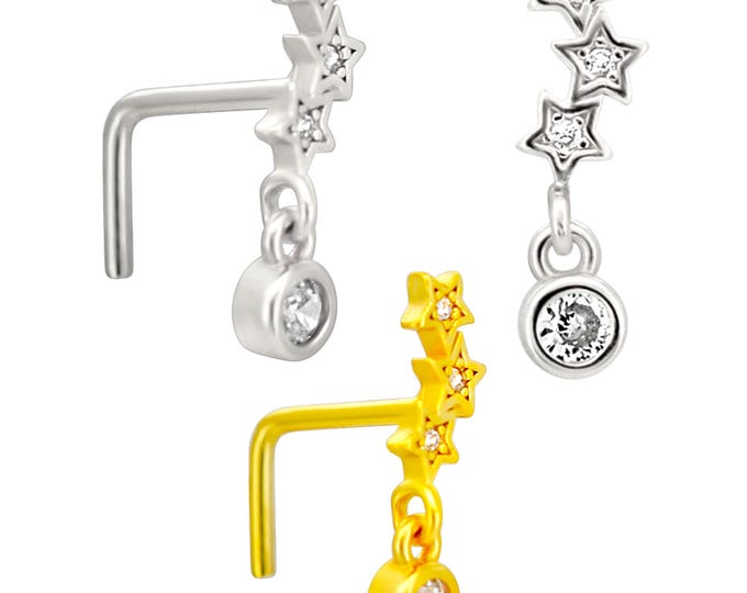 Sterling Silver Three Star Constellation with Dangling CZ L-Shaped Nose Ring