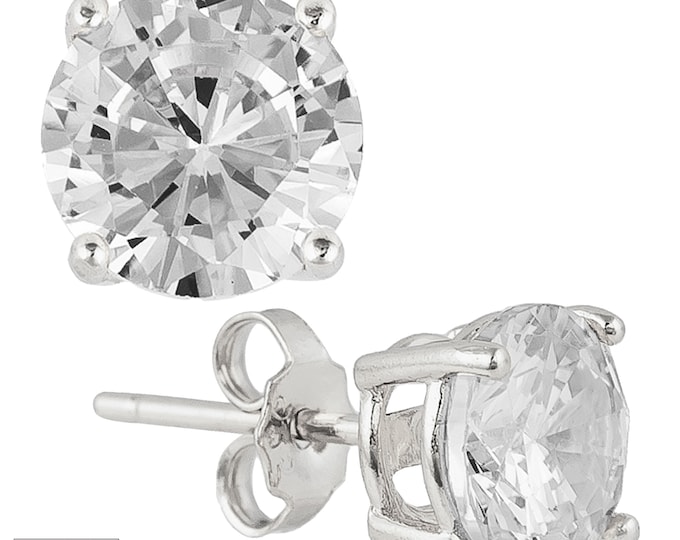 925 Sterling Silver Rhodium Plated Stud Earrings with Round Clear Cubic Zirconia