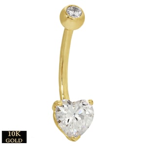 10k Yellow Gold Banana Belly Ring, Heart Prong Zircon, Body Jewelry, Navel Piercing, Gift for Her