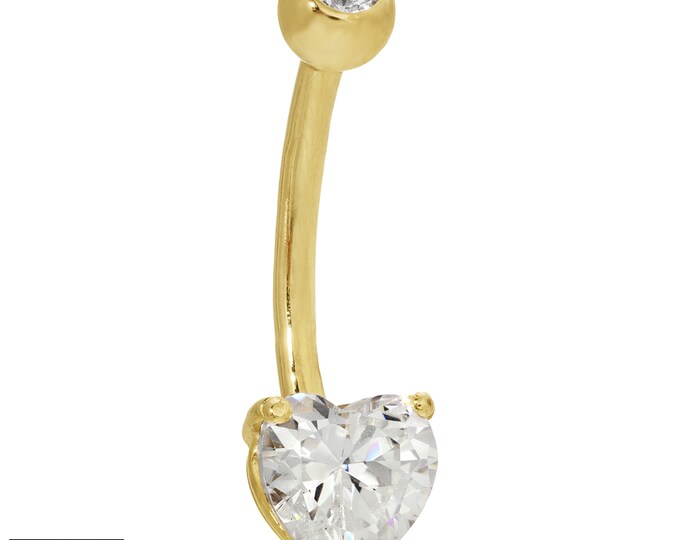 10k Yellow Gold Banana Belly Ring, Heart Prong Zircon, Body Jewelry, Navel Piercing, Gift for Her