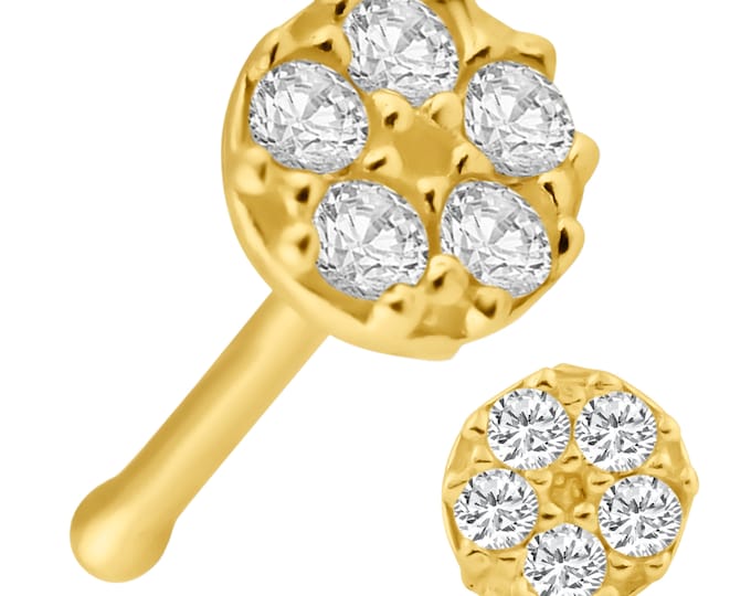 14k Solid Gold 3.3mm 5 Round Cubic Zirconia Flower Design 7mm Length 22g Nose Bone