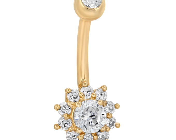 14k Solid Gold Flower with Multi CZ Belly Ring