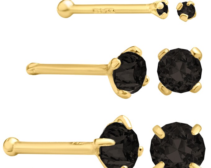 14k Yellow Gold Nose Bone with Black Diamond, Prong Setting, Stylish Prong Setting