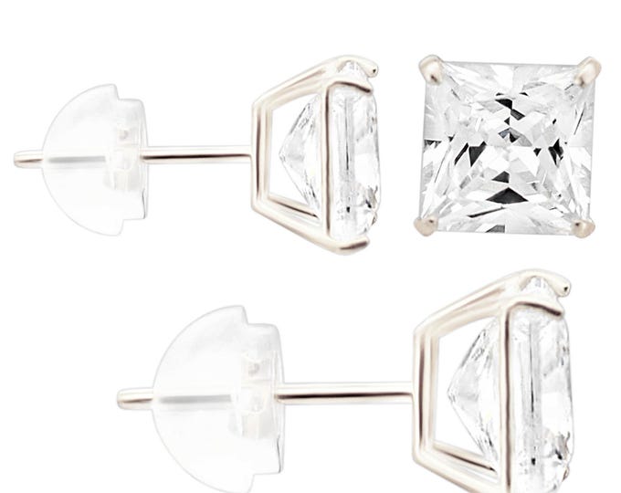 14K Solid Gold Stud Earrings with Clear Square Cubic Zirconia and Silicone Backing