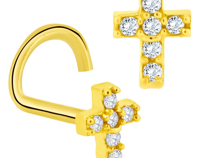 14k Solid Yellow Gold Cross Design 4 Clear Zircon Cork Screw Nose Screw