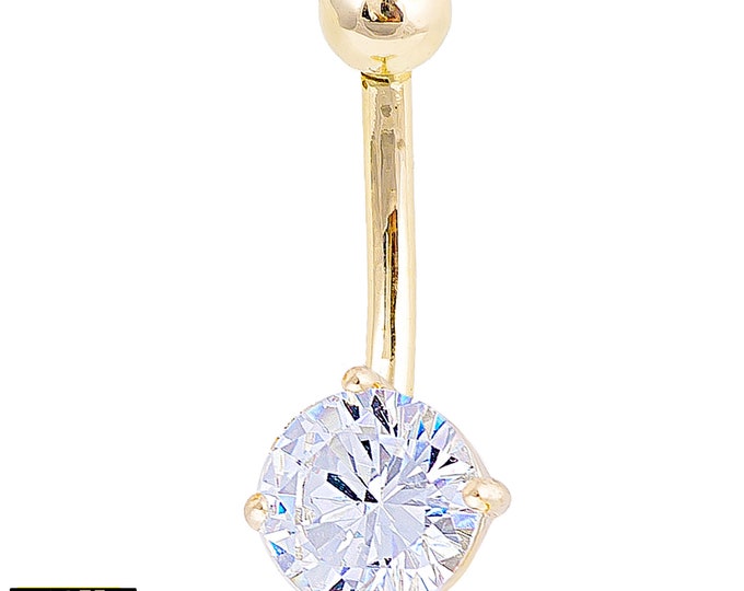 10k Solid Gold Banana Belly Ring CZ, Round Prong Setting, Cute Navel Piercing, Unique Body Jewelry
