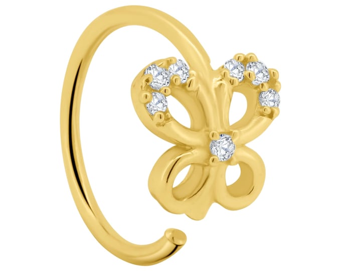 14K Solid Yellow Gold Butterfly Hoops with Cubic Zirconia | Lip Piercing | Helix Hoop | Cartilage | Conch Hoop | Body Jewelry | Earring