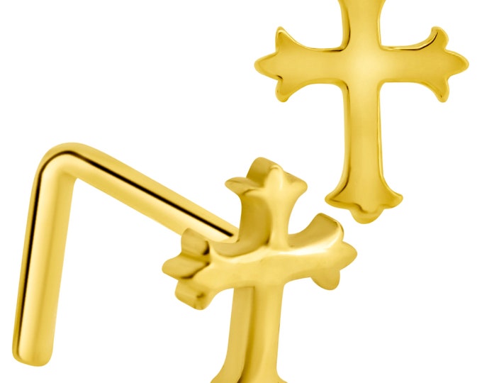 14k Solid Yellow Gold Polished Plain Cross Design L-Shape Nose Ring