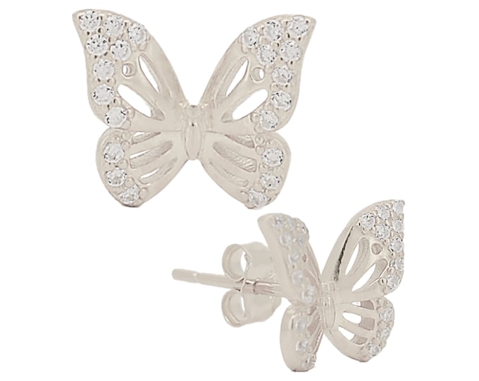 Sterling Silver Hollow Butterfly Design with Cubic Zirconia Stud Earrings