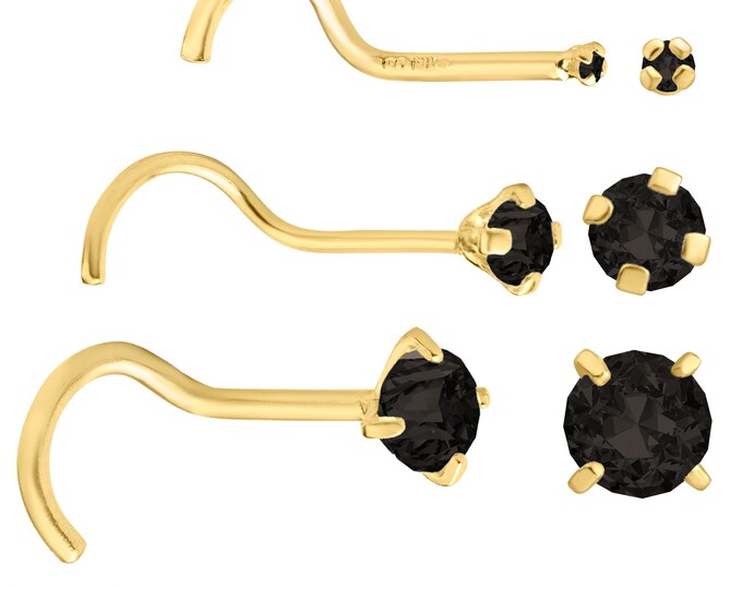 14k Yellow Gold Nose Screw with Black Diamond, Prong Set, 20g Nose Piercing, High-Quality Jewelry