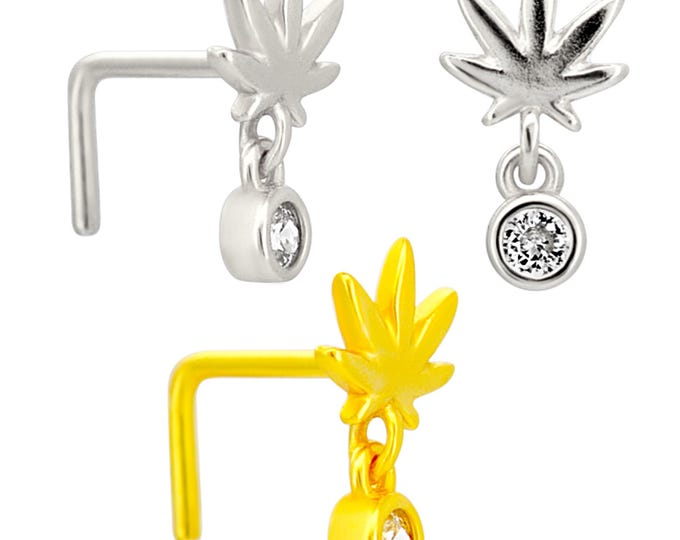 Sterling Silver Weed / Marijuana Leaf with Dangling CZ L-Shaped Nose Ring