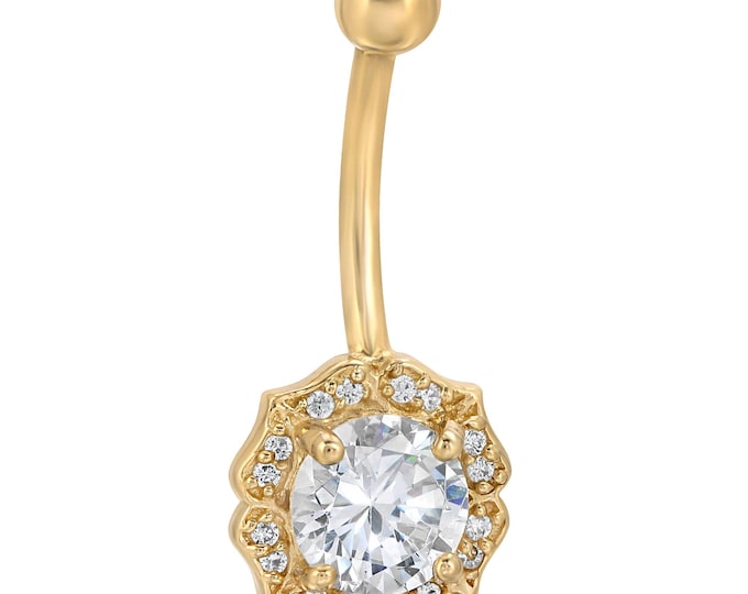 14k Solid Gold Flower with Multi CZ Belly Ring