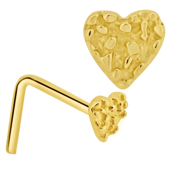 14k Solid Yellow Gold Rough Nugget Heart Design L Shape 22g Thickness Nose Ring