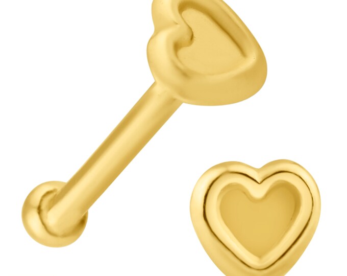 14k Solid Yellow Gold 2.3mm Beveled Heart Stud Design 7mm Length Nose Bone