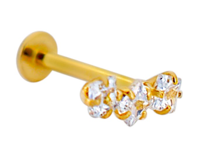 14k Yellow Gold Three (3) Square Cubic Zirconia in Prong Setting 18g Labret Flatback