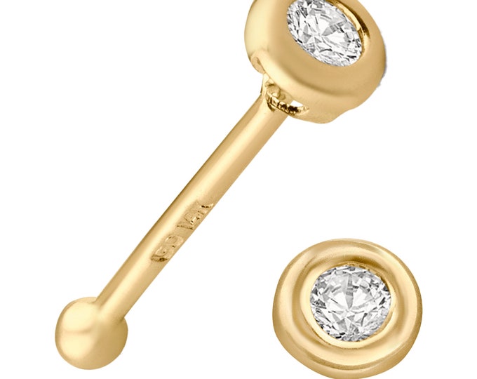 14k Solid Gold Round Cubic Zirconia Bezel Prong Setting Nose Bone