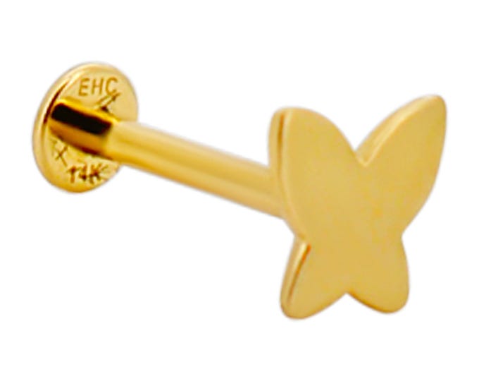 14k Yellow Gold Plain Minimalist Butterfly Labret 18g Labret Flatback