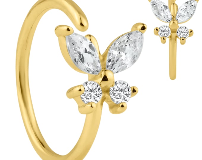 14K Solid Gold Butterfly Design with Zircon Nose Hoops | Lip Piercing | Helix Hoop | Cartilage | Conch Hoop | Body Jewelry | Earring