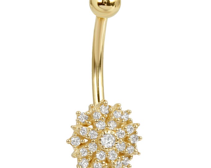 14k Solid Gold Banana Belly Ring with Flower Design