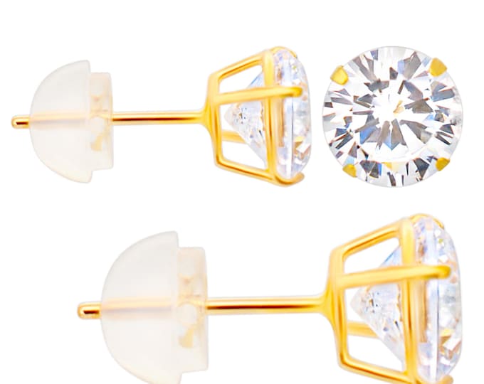 14K Solid Gold Stud Earrings with Clear Round Cubic Zirconia and Silicone Backing