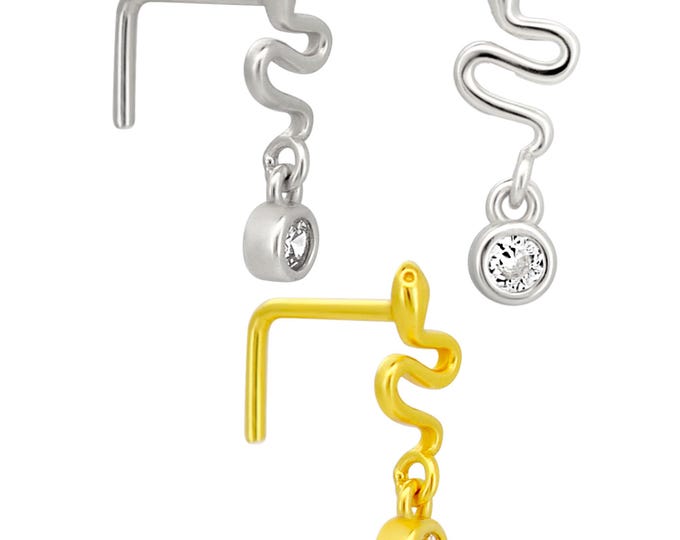 Sterling Silver Snake Dangling CZ L-Shaped Nose Ring