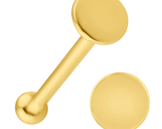 14k Yellow Gold 2mm 22g Thick 7mm Length Plain Disc Stud Nose Bone
