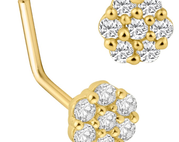 14k Solid Gold 4mm 7 Round Cubic Zirconia Flower Design L Shape Nose Ring