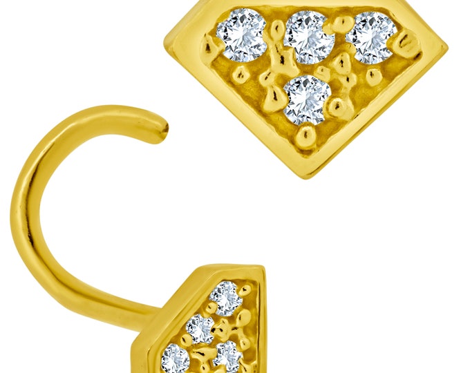 14k Solid Yellow Gold Diamond Design 4 Round Clear Zircon Cork Screw Nose Screw