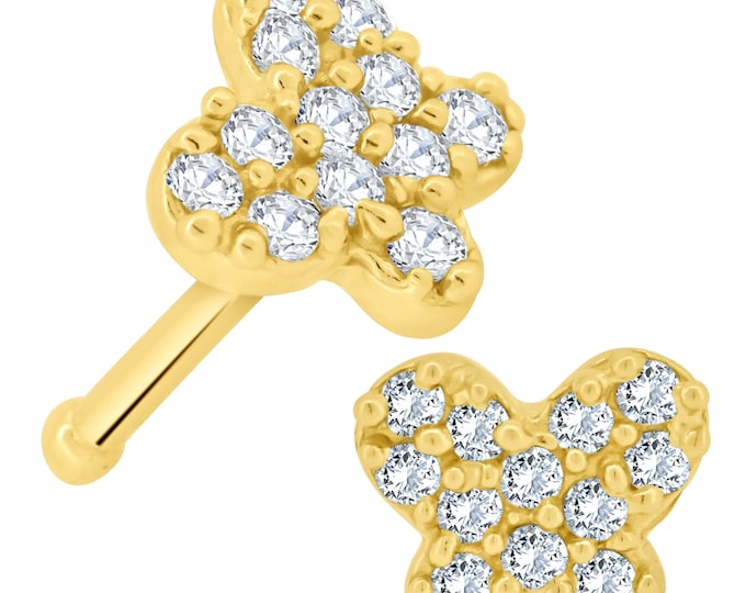 14k Yellow Gold Butterfly Shape 12 Stone Cubic Zirconia Prong Setting Nose Bone