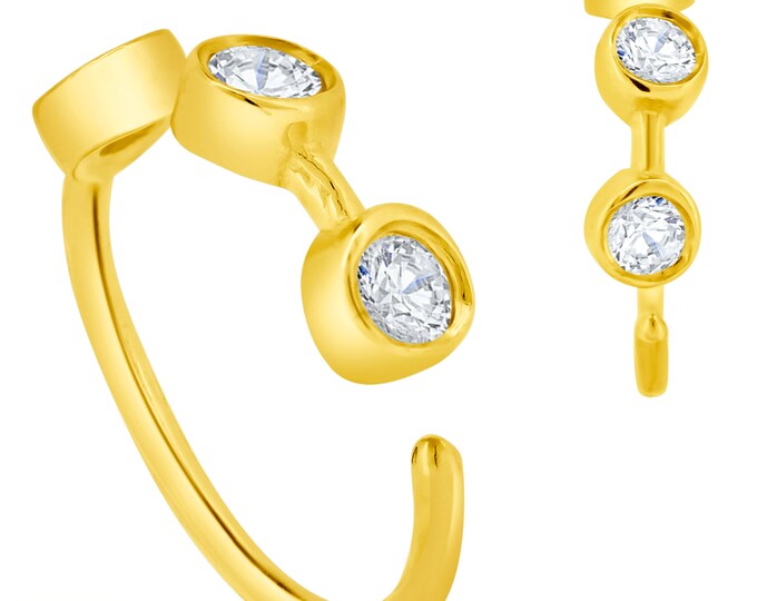 14K Solid Gold Three Round Cubic Zirconia Bezel Setting Hoop | Lip Piercing | Helix Hoop | Cartilage | Conch Hoop | Body Jewelry | Earring