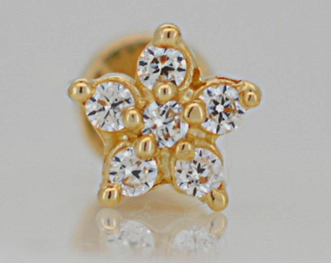 14k Yellow Gold Five Petal Star Shaped Flower Labret, Zircon Jewelry, Stylish Piercing, Unique Gift, Tragus Piercing | Daith | 6MM | 8MM