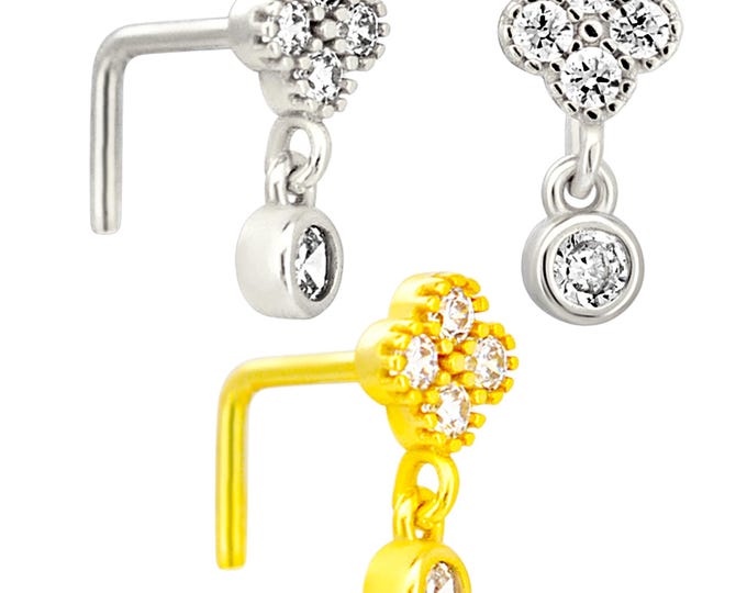 Sterling Silver Four Leaf Clover Dangling CZ LShaped Nose Ring