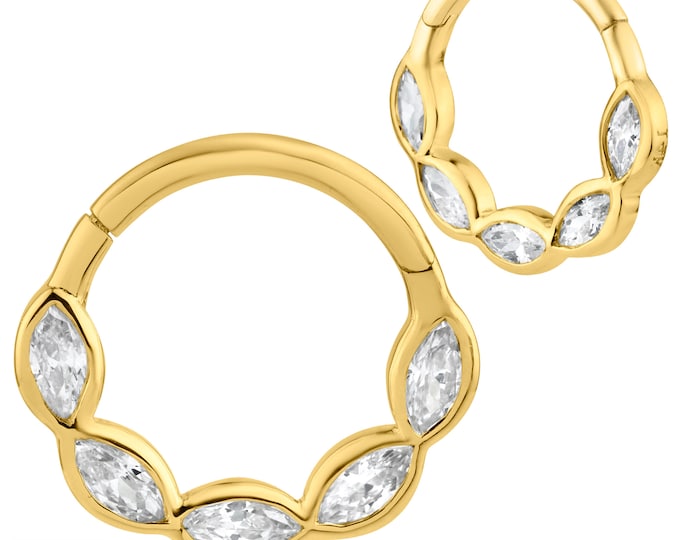 14k Yellow Gold Hinged Hoops with Marquise CZ in Bezel Setting | Lip Piercing | Helix Hoop | Cartilage | Conch Hoop | Body Jewelry | Earring