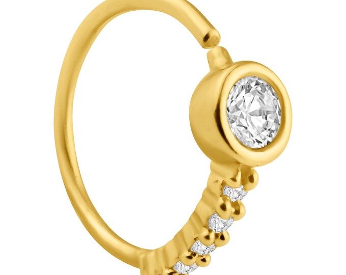 14K Solid Gold Bezel Round Design Line of Multi Zircon Hoops Twist Top Open | Nose Ring | Lip Piercing | Helix Hoop | Cartilage | Conch Hoop