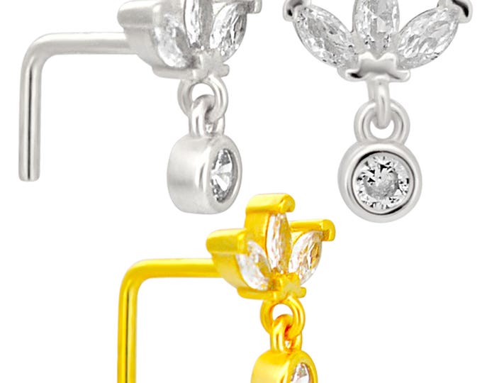 Sterling Silver Three Marquise CZ with Dangling CZ L-Shaped Nose Ring