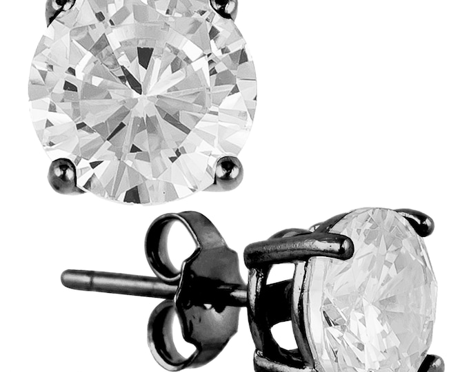 925 Sterling Silver Black Plated Stud Earrings with Round Clear Cubic Zirconia