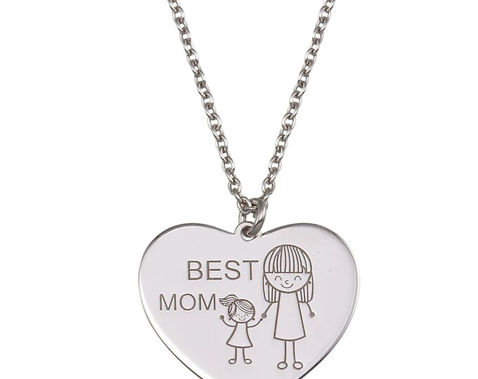 925 Sterling Silver Heart with Engraved " Best Mom" Pendant Necklace