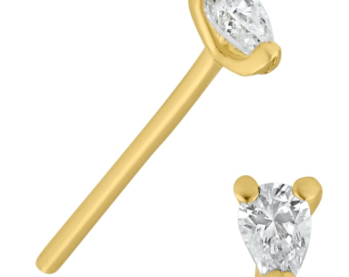 14k Solid Yellow Gold Tear Drop Cubic Zirconia Prong Setting L Bend it Yourself Nose Ring