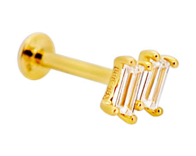 14k Yellow Gold Two (2) Baguette Cubic Zirconia Labret 18g Labret Flatback
