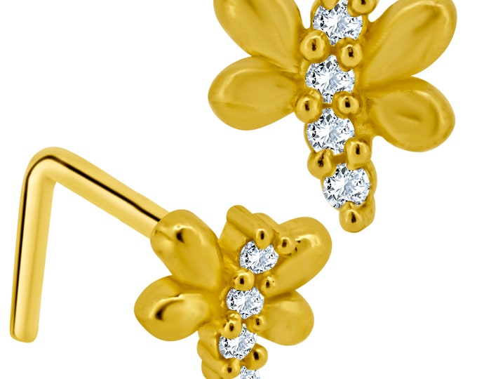 14k Solid Yellow Gold Dragonfly Design 4 Round Clear Zircon L-Shape Nose Ring
