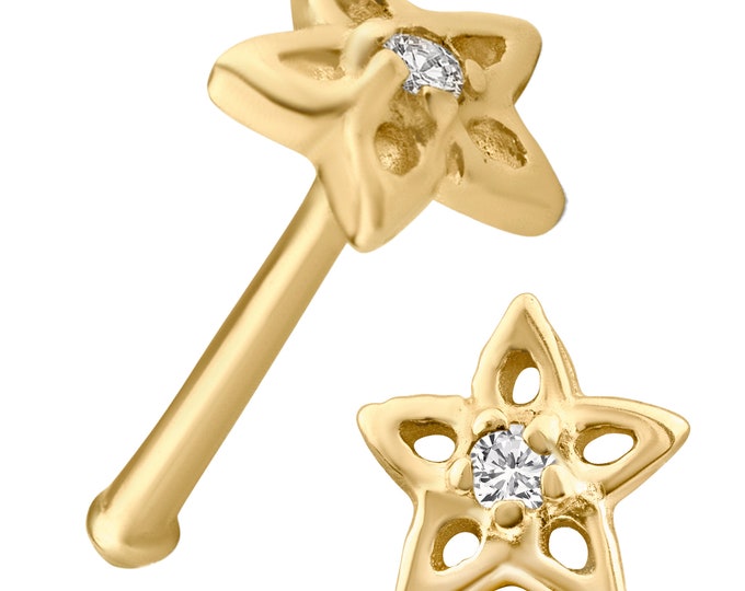 14k Solid Yellow Gold Cubic Zirconia Plain Hollow Star Design Nose Bone