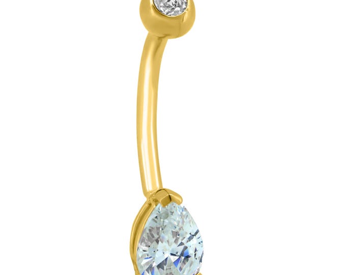 14k Yellow Gold Banana Belly Ring with 7x5mm Teardrop CZ